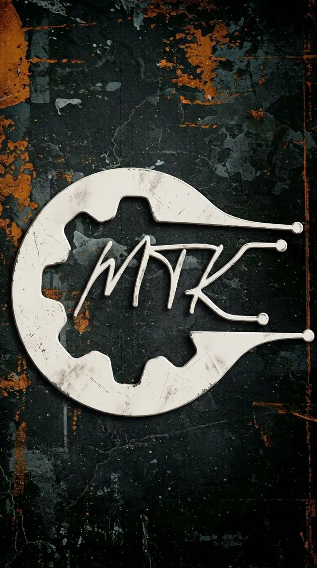 Propuesta de logo 3: el logo de MTK en esmalte blanco desconchado sobre una pared oxidada y sucia