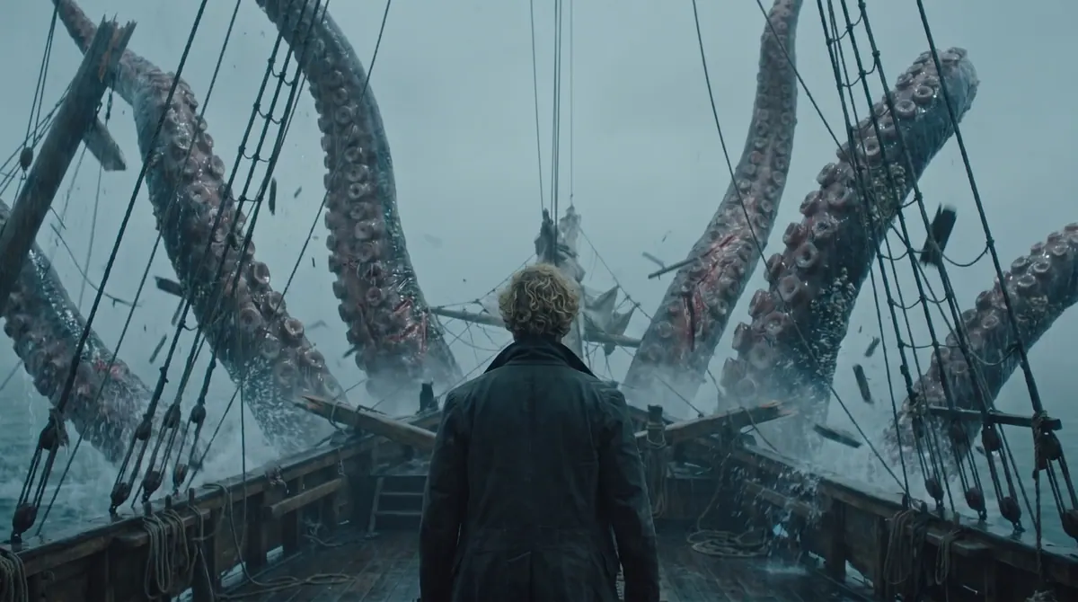Fotograma IV: de espaldas, el pirata planta cara a los tentáculos del kraken, que se cierran sobre la proa.