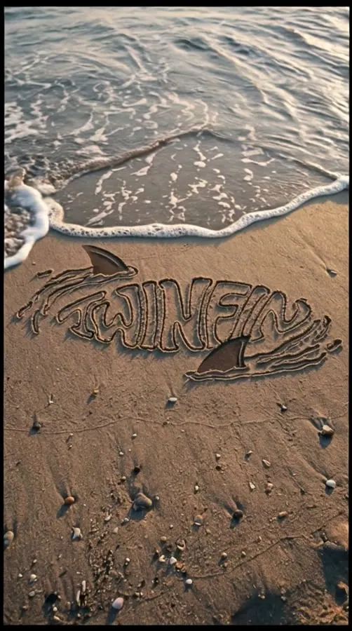 El logo de TWINFIN dibujado en la arena mojada mientras llega una ola que lo borra