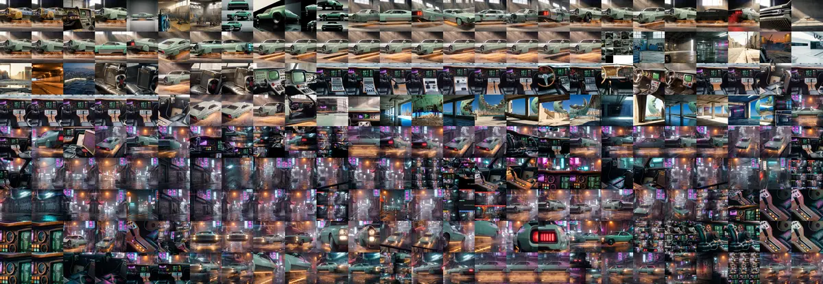 Un muro de intentos reales de la carpeta de generación: fotogramas del coche, la calle y el habitáculo.